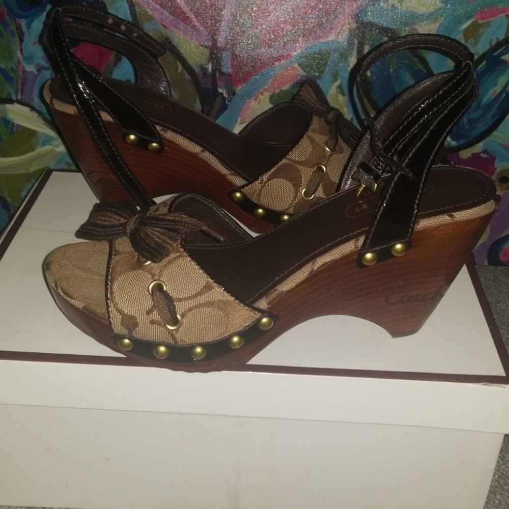 Dark brown COACH wooden wedge